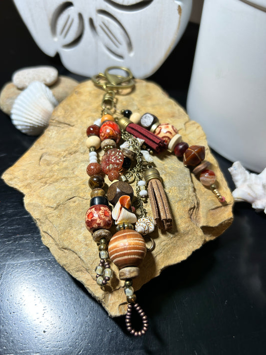 Boho Keychain - Handmade Beachy Bag Charm | Wood & Shell Beads | Purse Charms