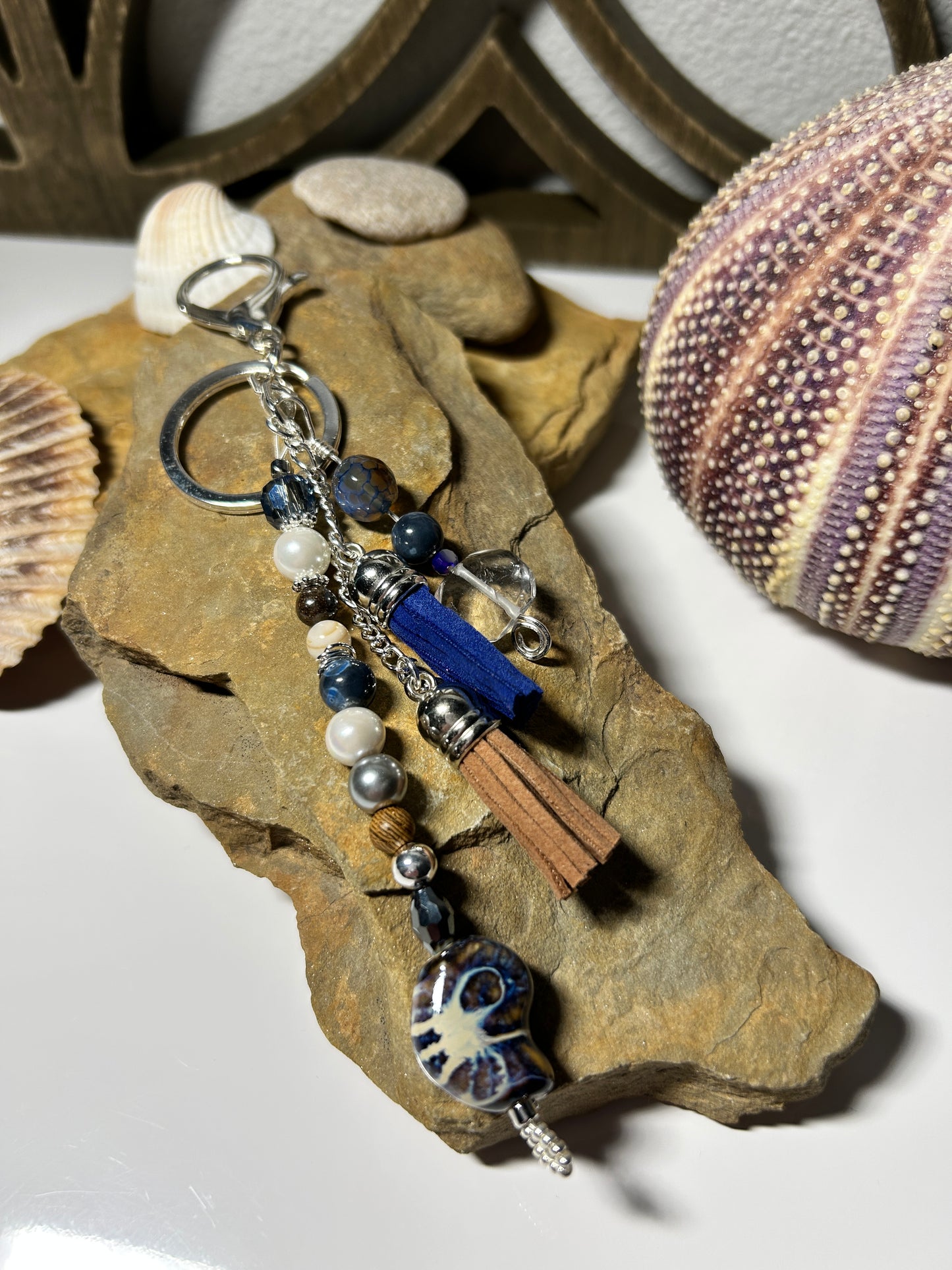 Nautilus Keychain in Blue & Brown, Ocean Nautilus Purse Charms, Bag Charms