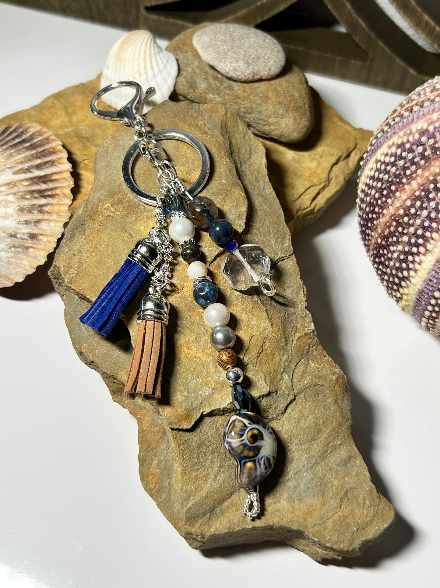Nautilus Keychain in Blue & Brown, Ocean Nautilus Purse Charms, Bag Charms