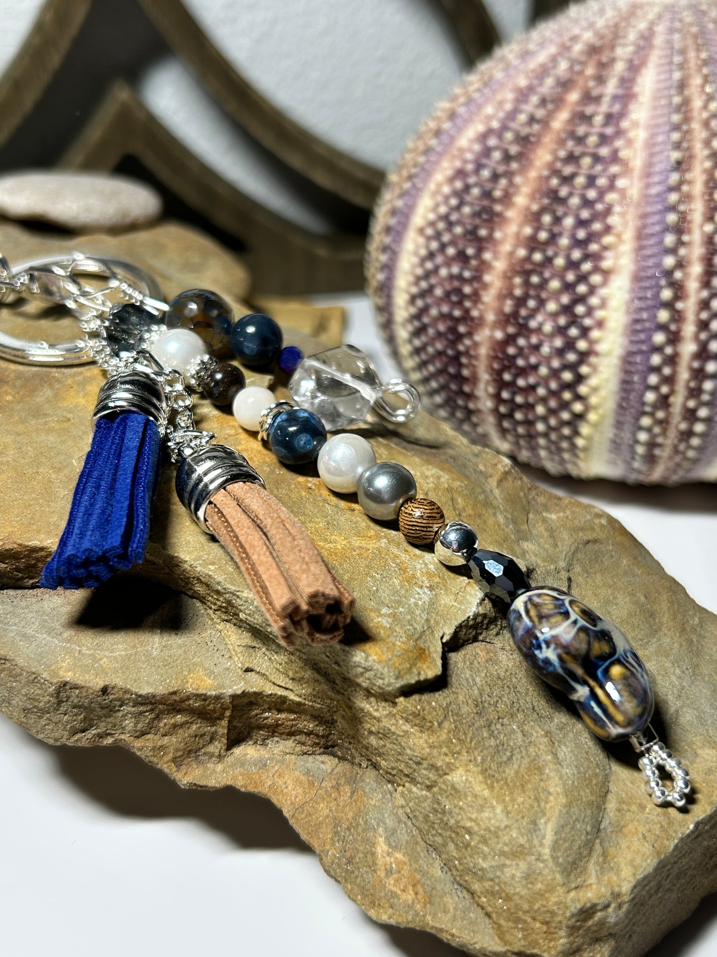 Nautilus Keychain in Blue & Brown, Ocean Nautilus Purse Charms, Bag Charms