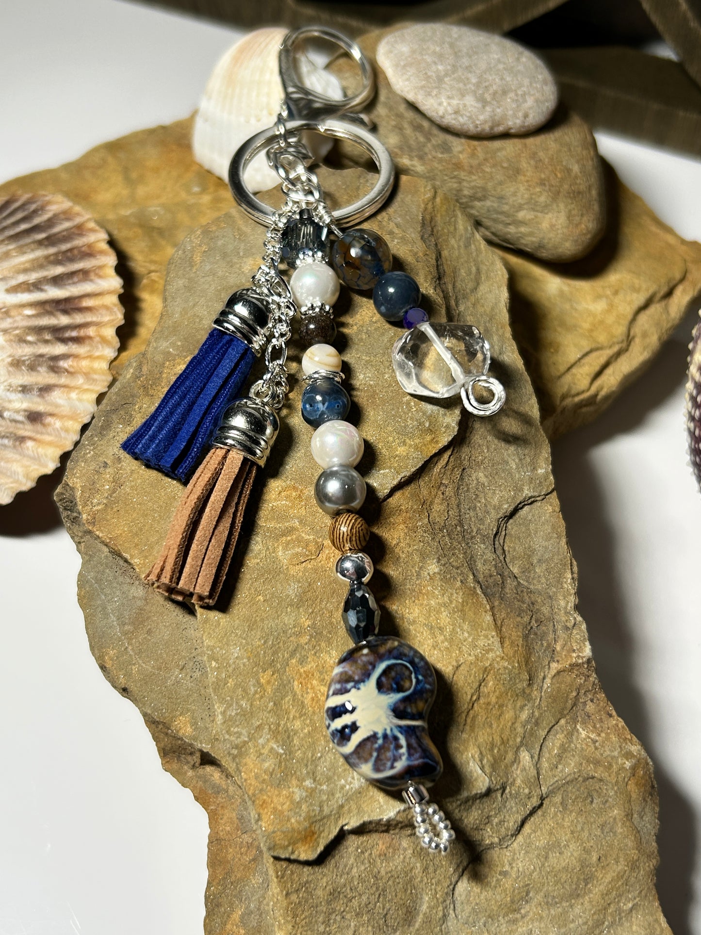 Nautilus Keychain in Blue & Brown, Ocean Nautilus Purse Charms, Bag Charms