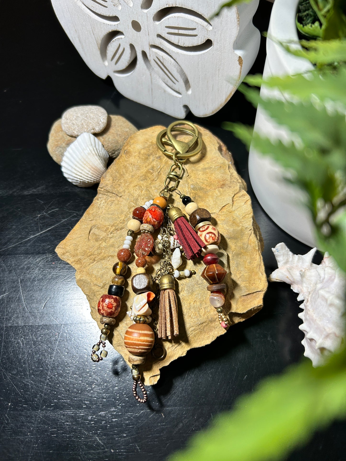 Boho Keychain - Handmade Beachy Bag Charm | Wood & Shell Beads | Purse Charms