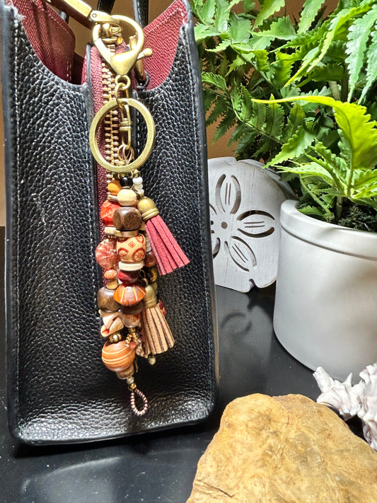 Boho Keychain - Handmade Beachy Bag Charm | Wood & Shell Beads | Purse Charms