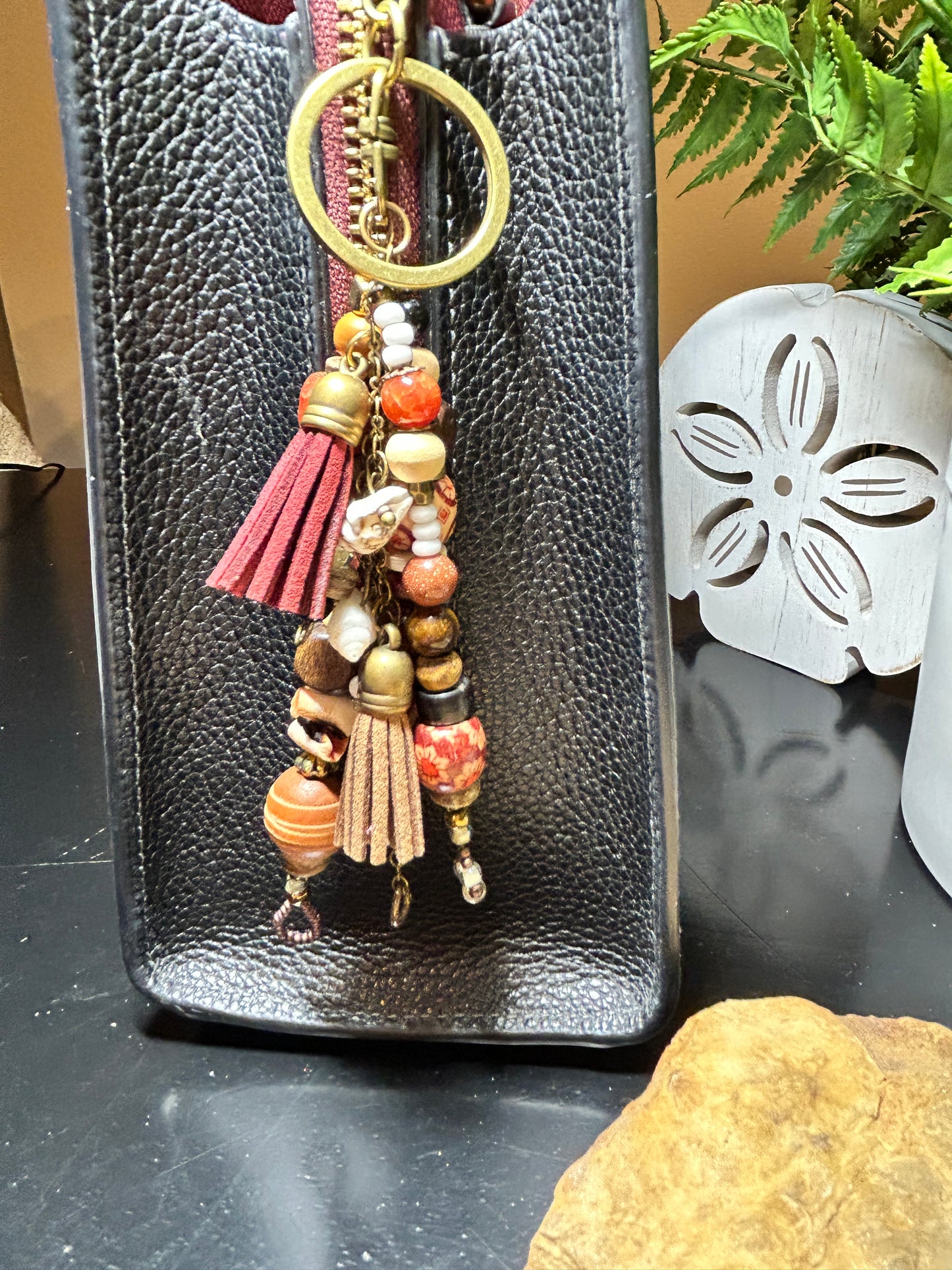 Boho Keychain - Handmade Beachy Bag Charm | Wood & Shell Beads | Purse Charms