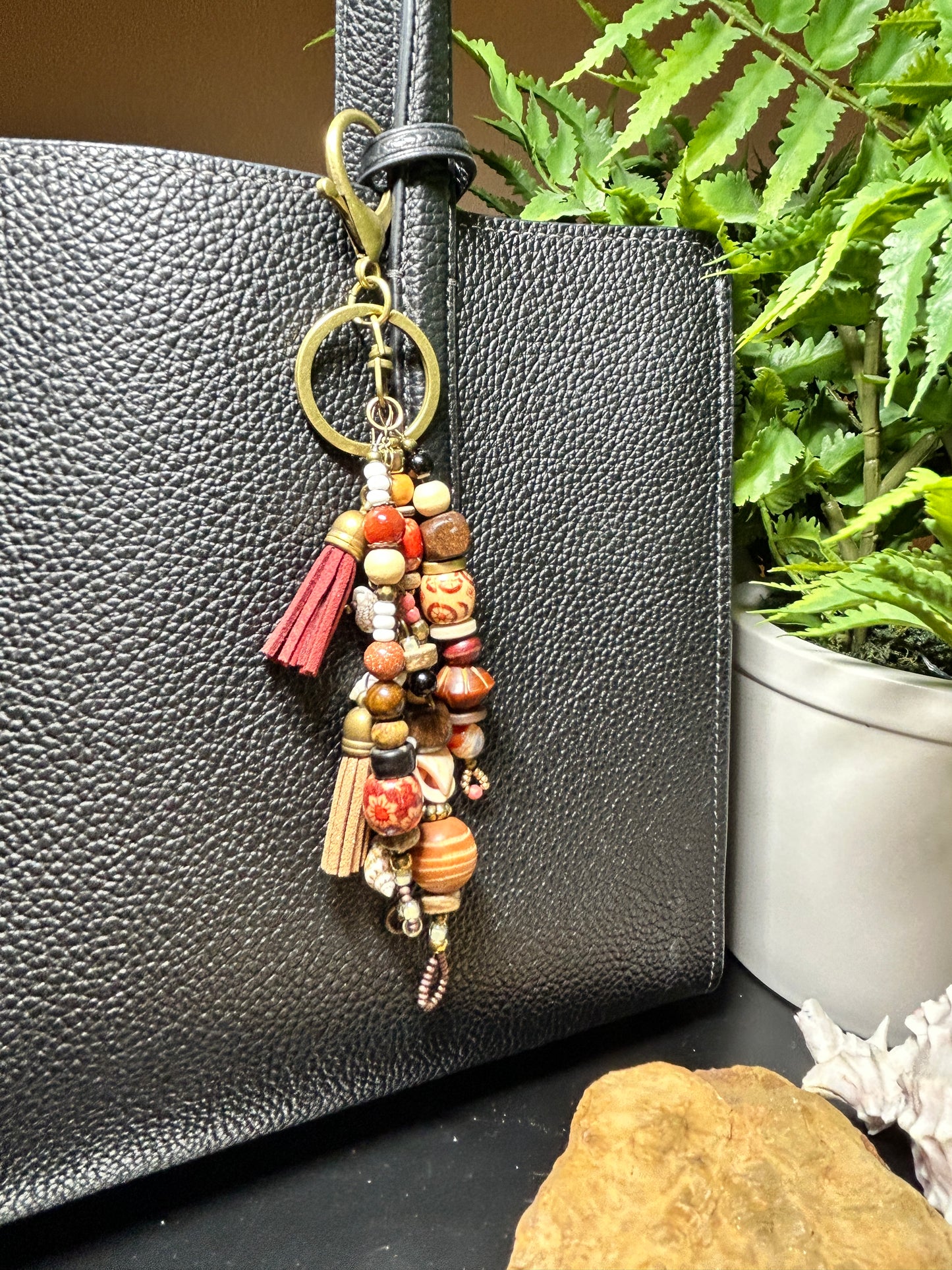 Boho Keychain - Handmade Beachy Bag Charm | Wood & Shell Beads | Purse Charms