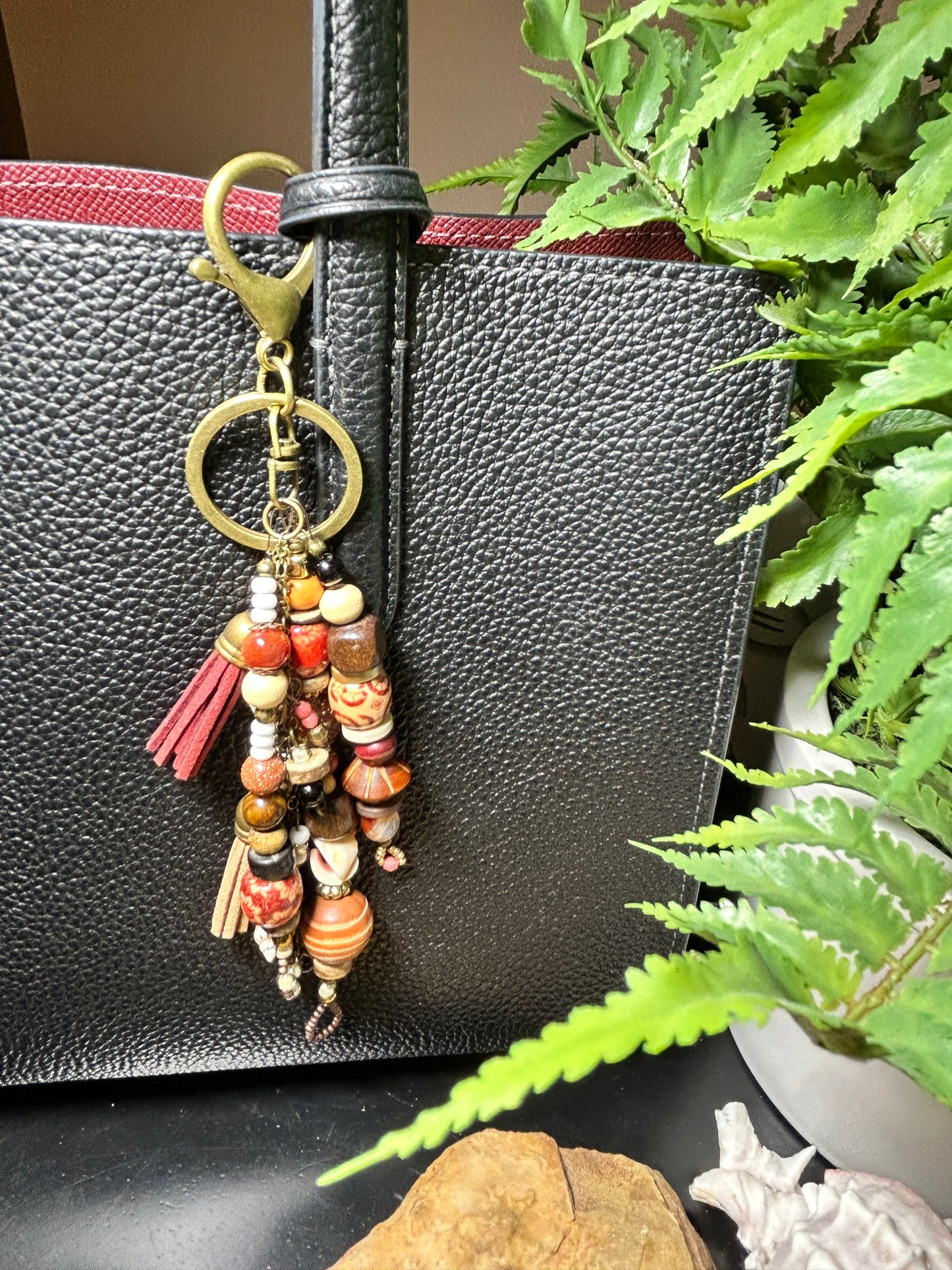 Boho Keychain - Handmade Beachy Bag Charm | Wood & Shell Beads | Purse Charms
