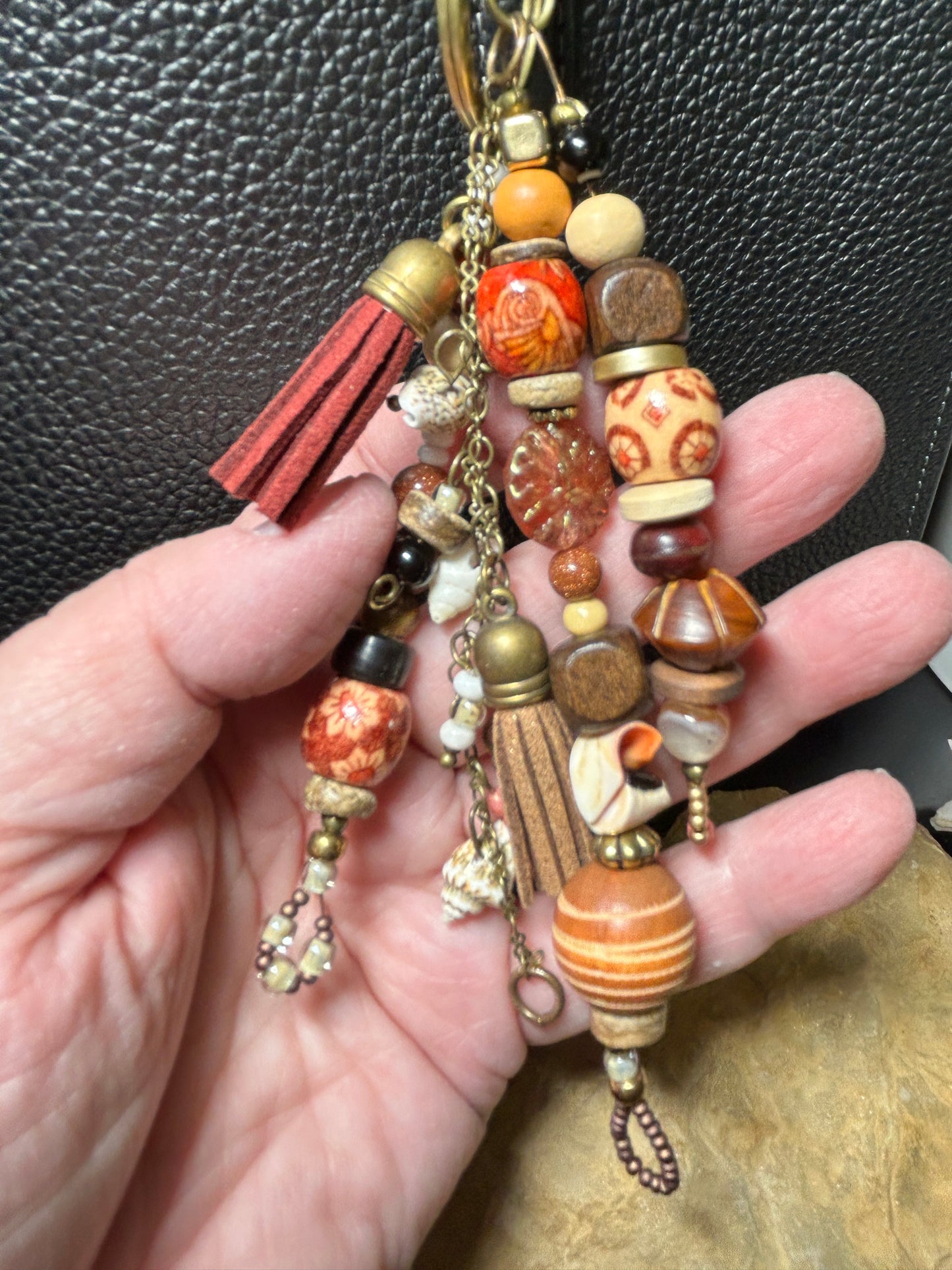 Boho Keychain - Handmade Beachy Bag Charm | Wood & Shell Beads | Purse Charms