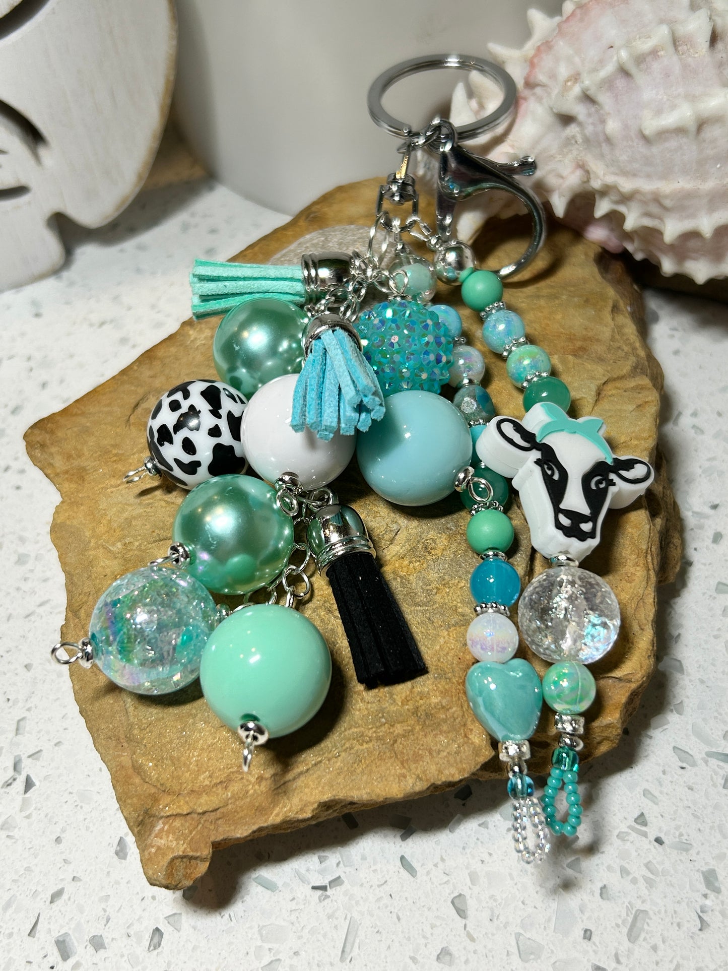 Teal Cow Keychain, Chunky Beaded Purse Charm, Bag Charm, Purse Charms