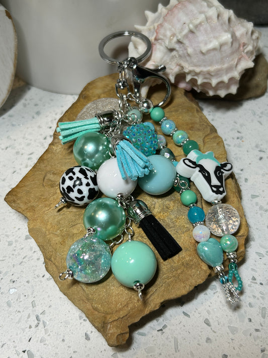 Teal Cow Keychain, Chunky Beaded Purse Charm, Bag Charm, Purse Charms