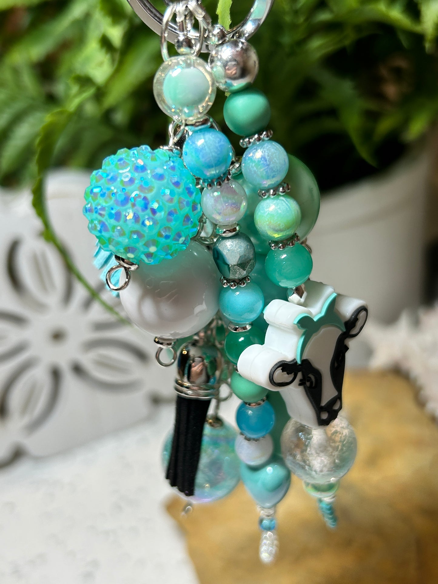 Teal Cow Keychain, Chunky Beaded Purse Charm, Bag Charm, Purse Charms