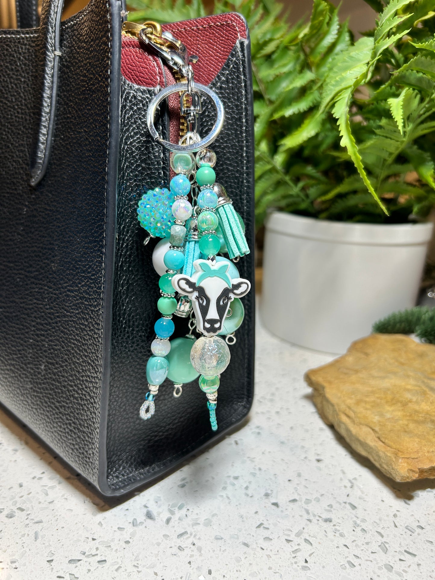 Teal Cow Keychain, Chunky Beaded Purse Charm, Bag Charm, Purse Charms