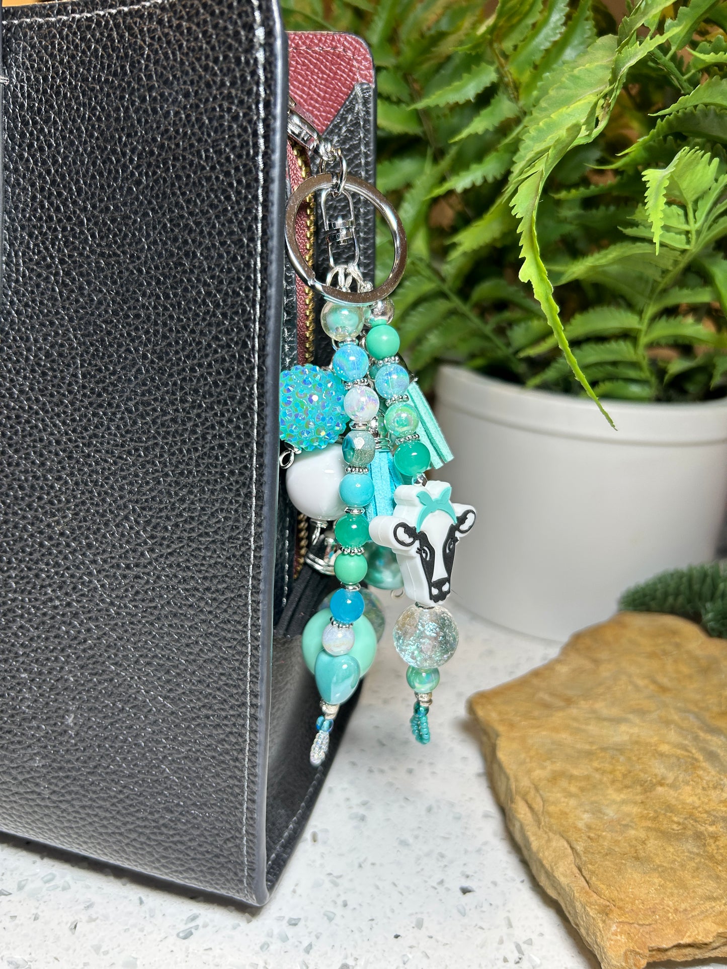 Teal Cow Keychain, Chunky Beaded Purse Charm, Bag Charm, Purse Charms