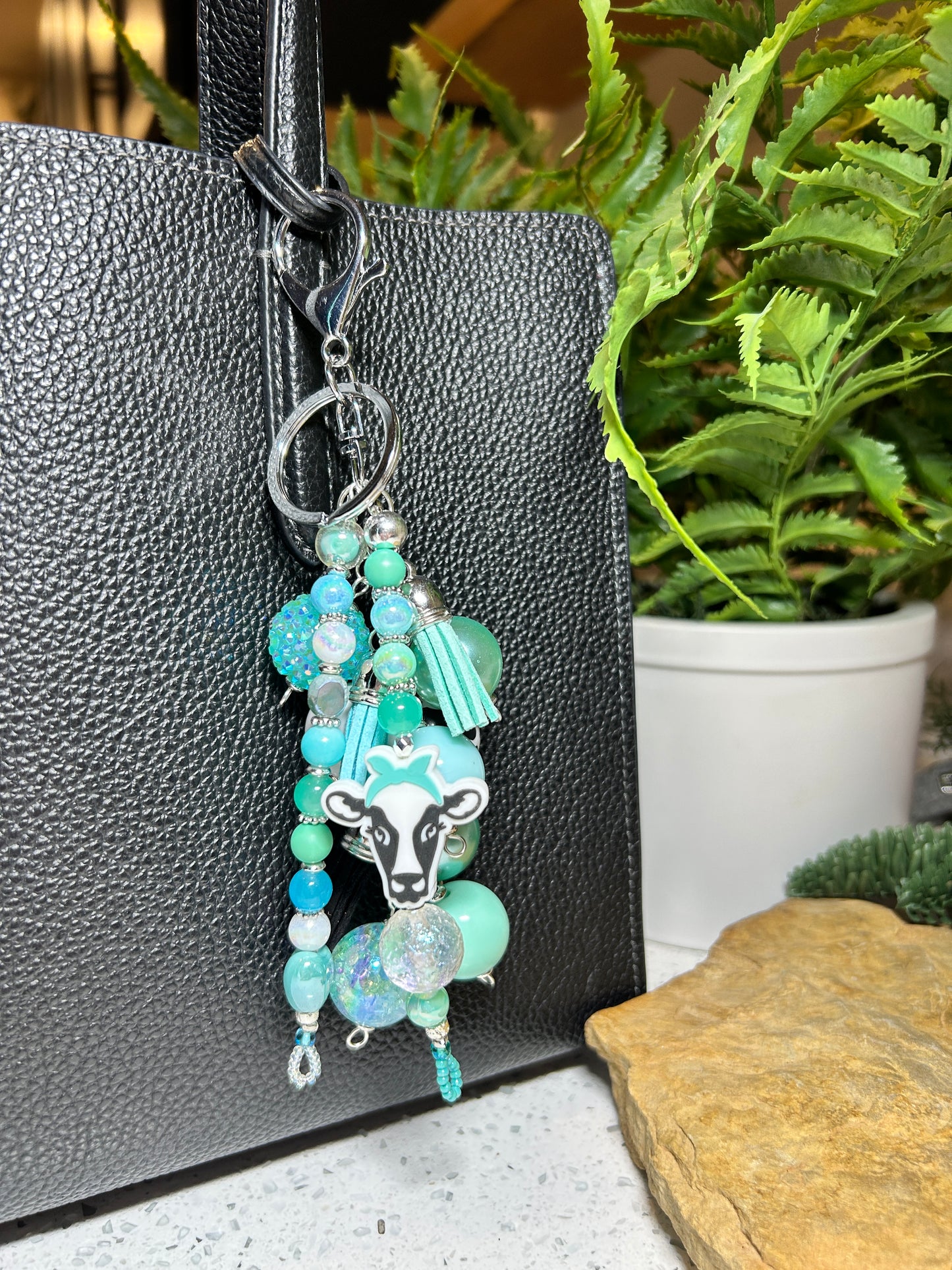 Teal Cow Keychain, Chunky Beaded Purse Charm, Bag Charm, Purse Charms
