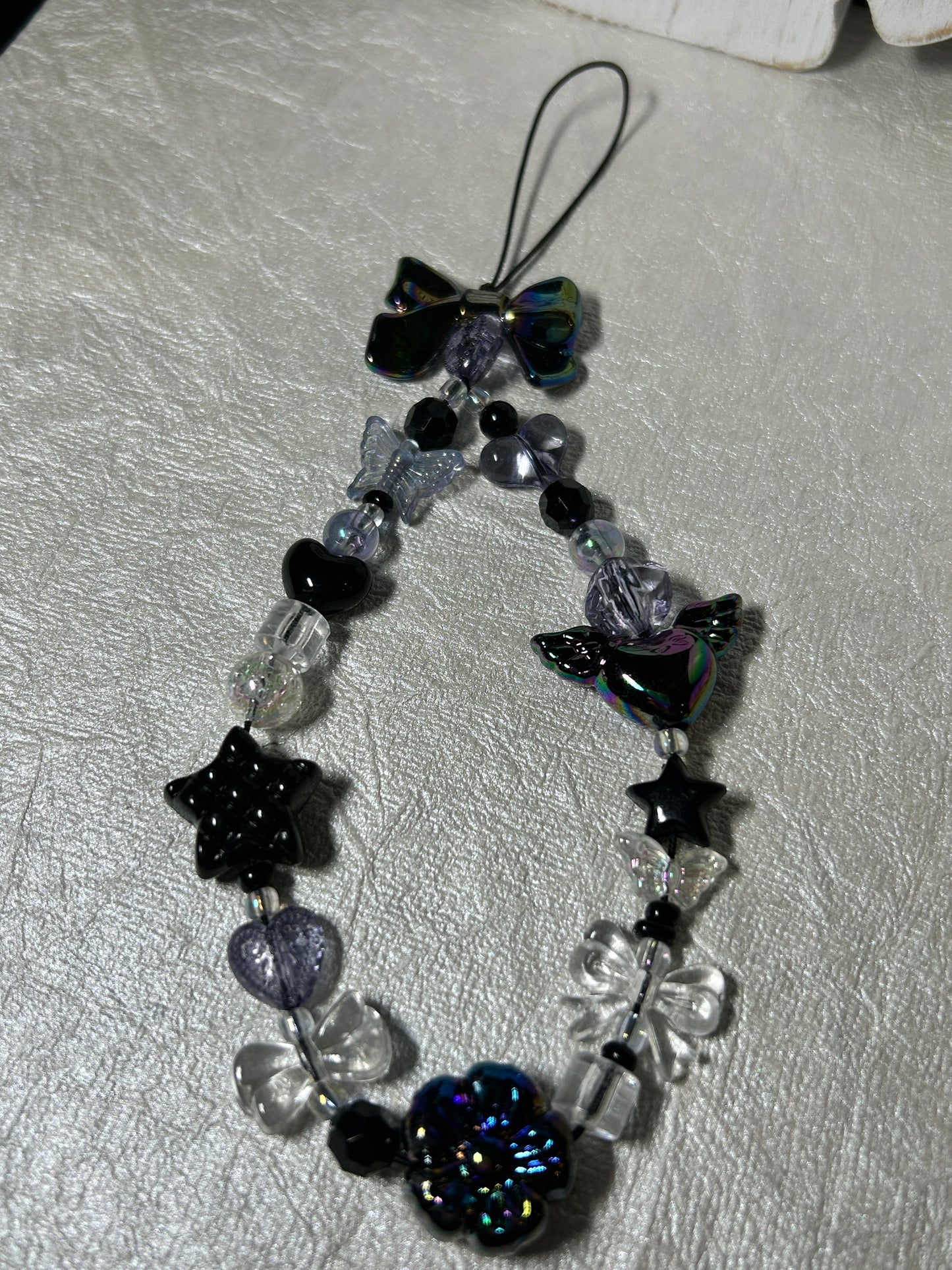 Mystic Iridescent Beaded Phone Charm Wristlet, Black Coquette Y2K