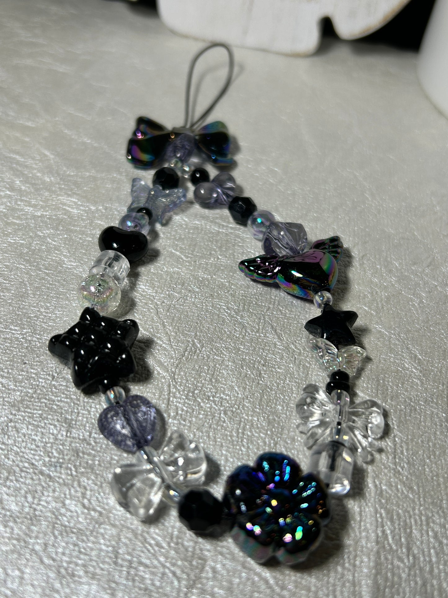 Mystic Iridescent Beaded Phone Charm Wristlet, Black Coquette Y2K