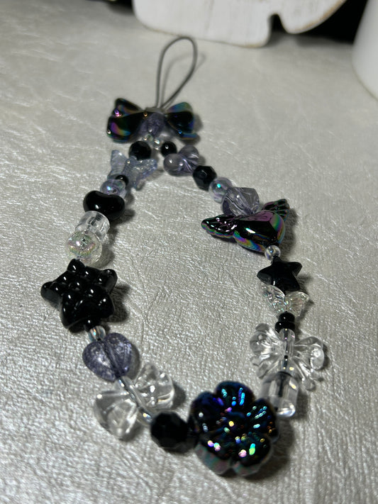 Mystic Iridescent Beaded Phone Charm Wristlet, Black Coquette Y2K