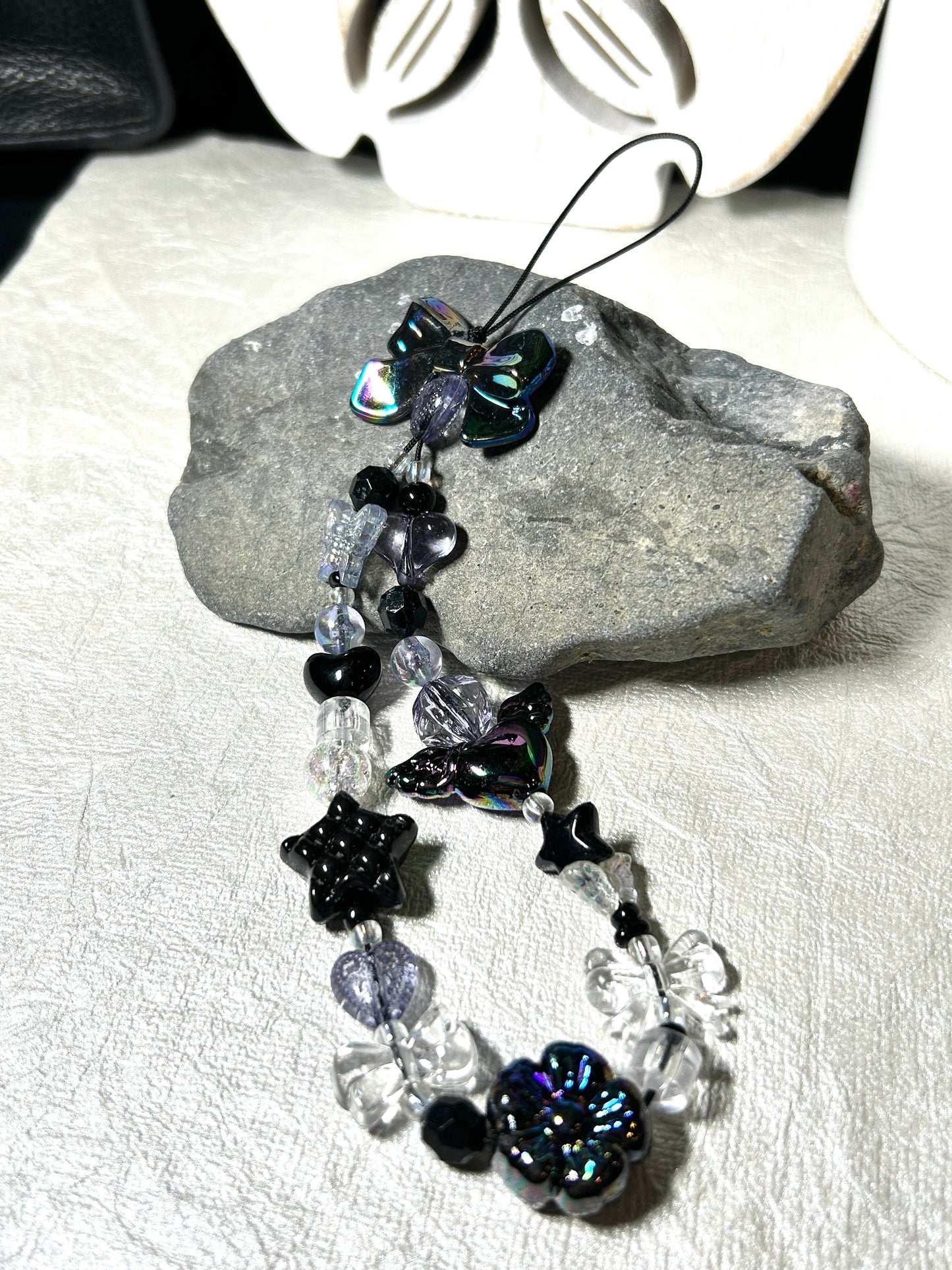 Mystic Iridescent Beaded Phone Charm Wristlet, Black Coquette Y2K