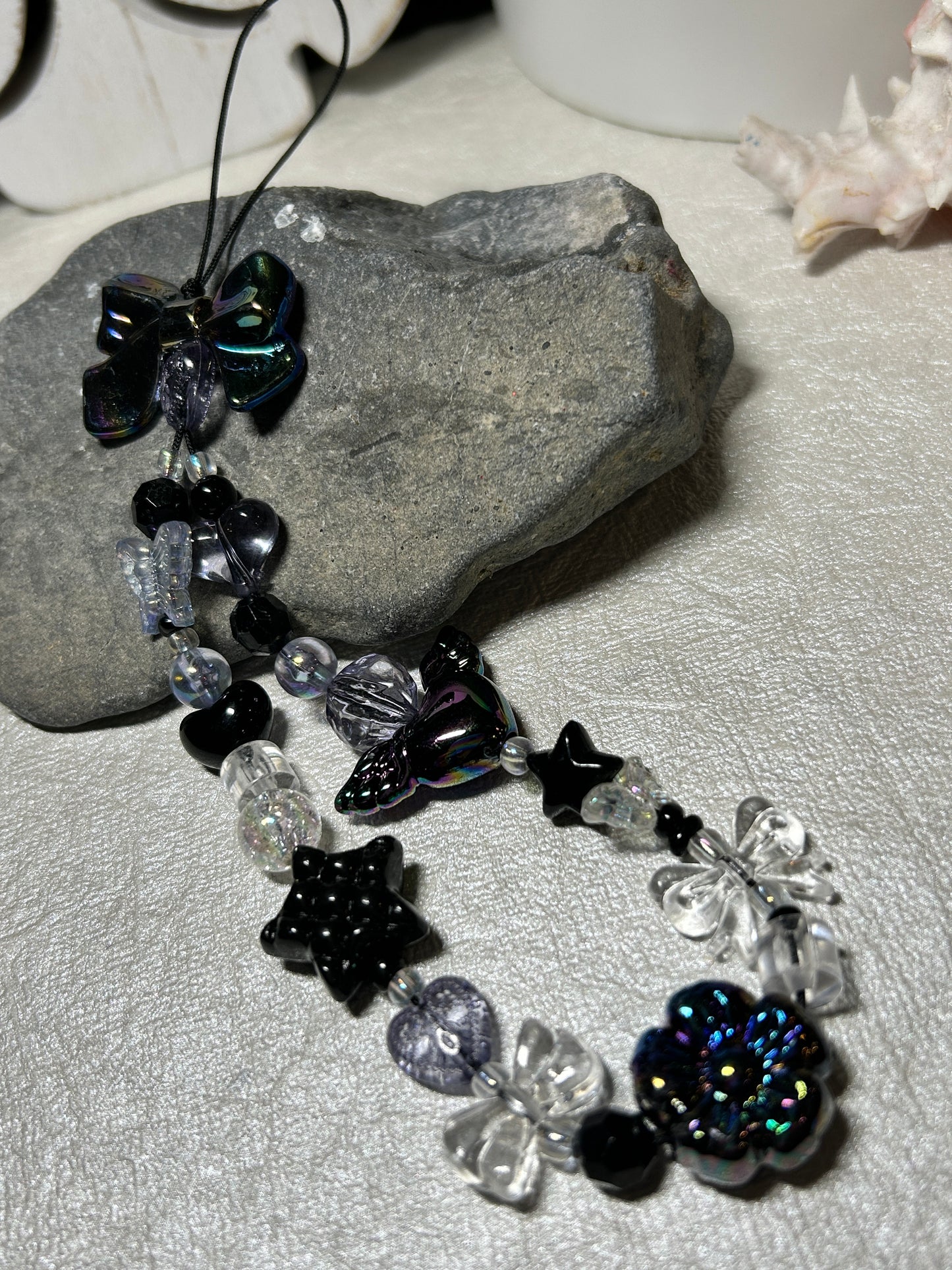 Mystic Iridescent Beaded Phone Charm Wristlet, Black Coquette Y2K